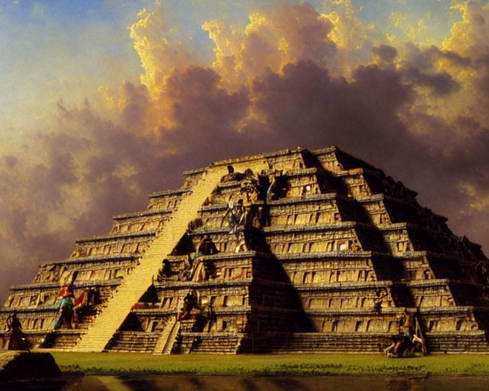 Ancient Mesoamerican El Castillo pyramid painting with climbers and dramatic clouds.
