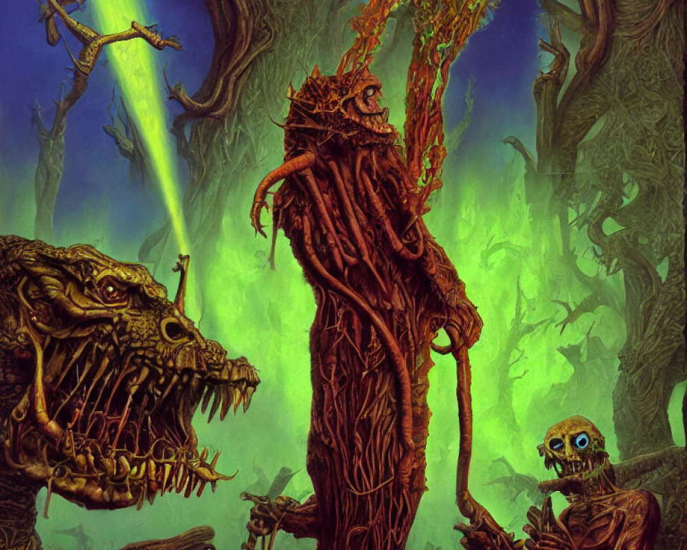 Fantastical forest scene with twisted wood creature and skeletal being in eerie setting