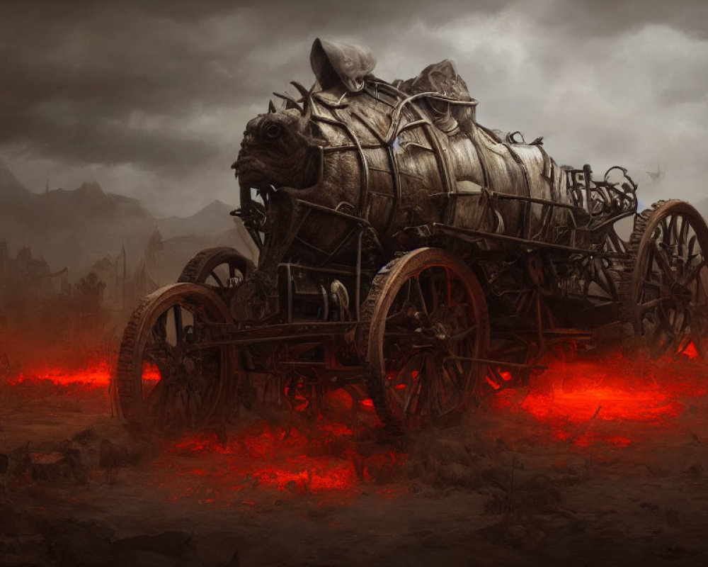 Gothic-style Carriage in Bleak Landscape with Red Glow