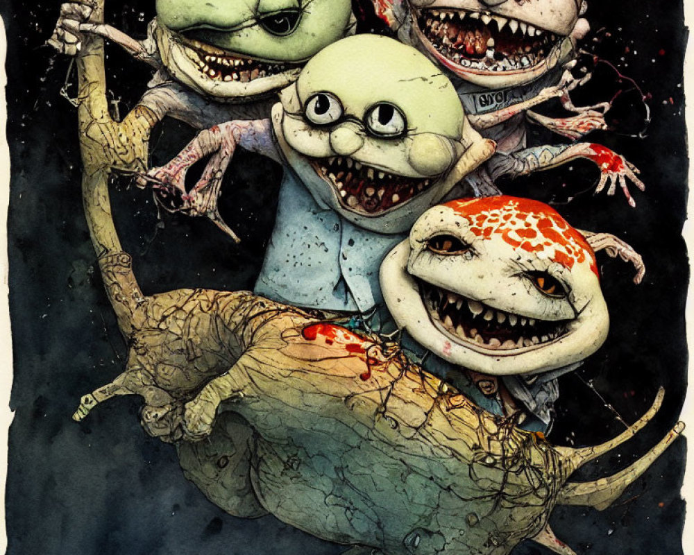 Four grotesque, cartoonish monsters with oversized heads and bulging eyes on a dark backdrop