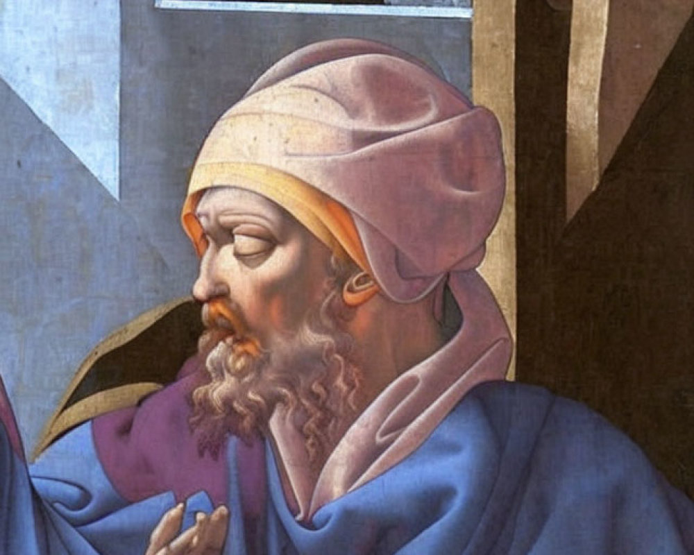 Profile view of bearded man in purple robe pointing upwards
