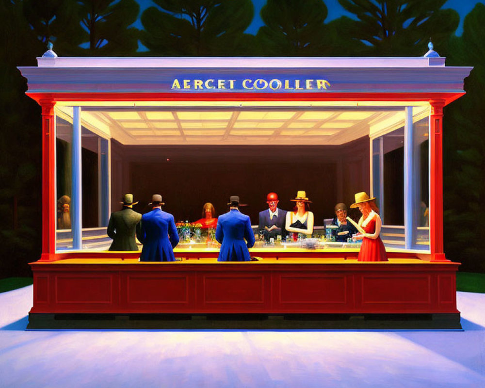 Vintage-style bar scene with people in classic attire under "AERGET COOLLER" sign