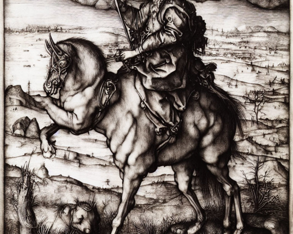 Elaborate armored knight on rearing horse with spear in detailed landscape