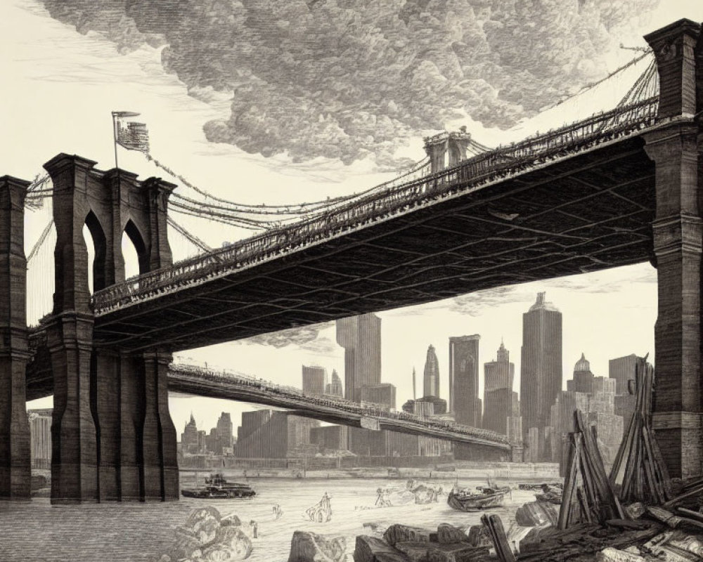 Brooklyn Bridge Vintage Illustration with NYC Skyline and River Scene