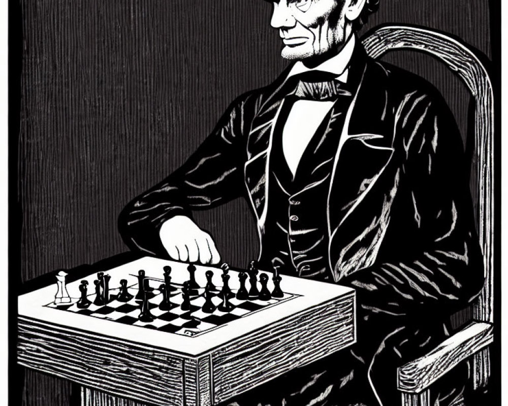 Monochrome illustration of man resembling Abraham Lincoln playing chess