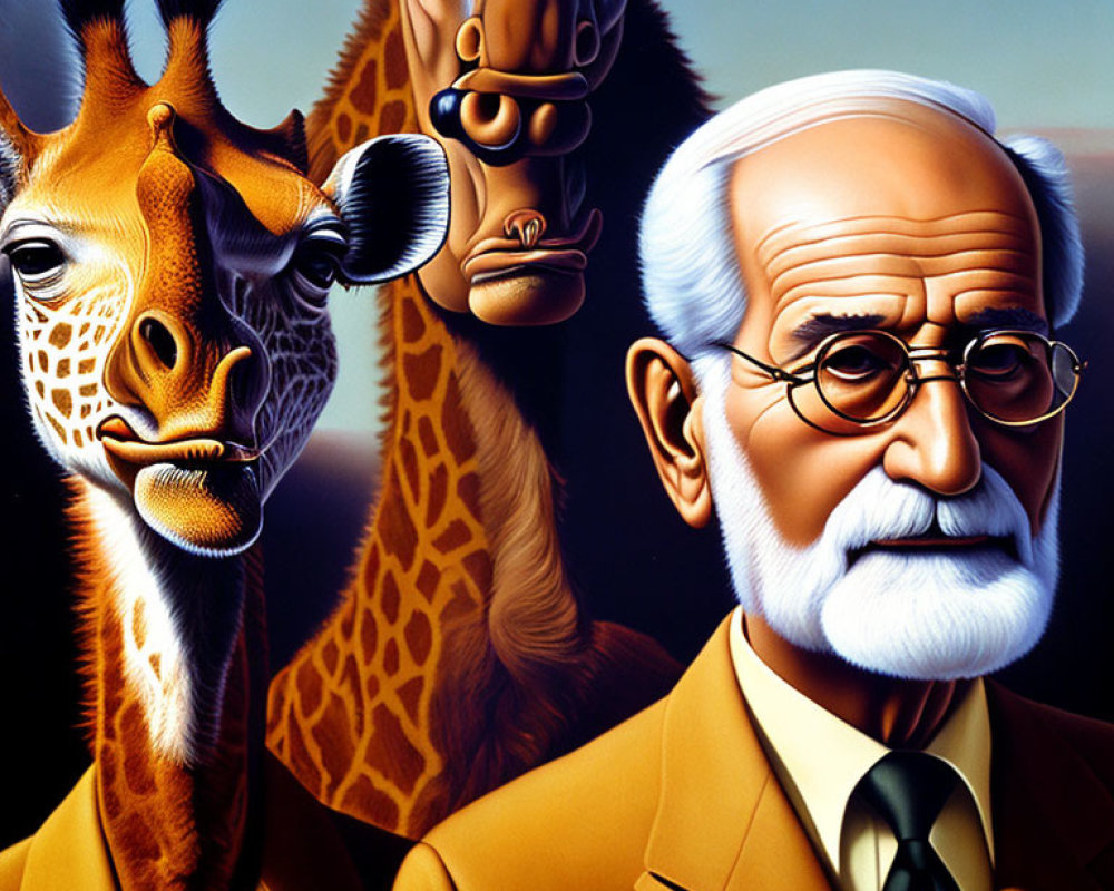 Illustration of man with white beard, glasses, giraffe, and horse against shaded background