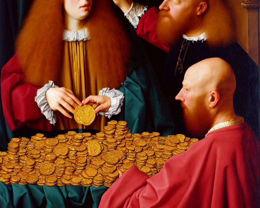 Artwork featuring woman and two men with gold coins on table