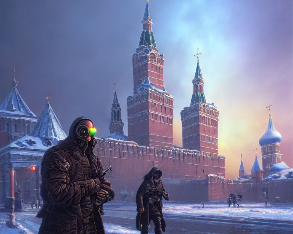 Snowy Kremlin Towers at Dusk with Aurora Sky