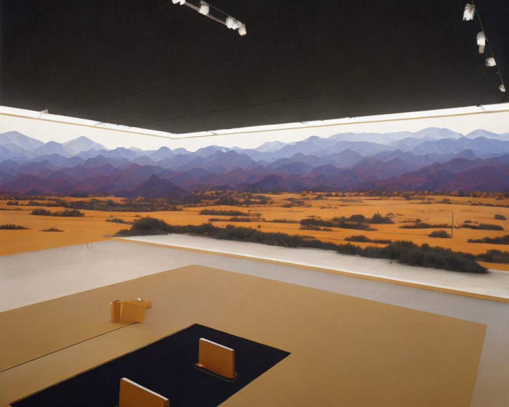 Interior Space with Panoramic Mountain Mural, Orange Chairs, and Skylight