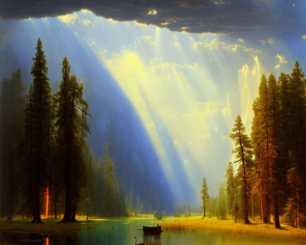 Sunbeams through clouds over serene forest and lake with boat