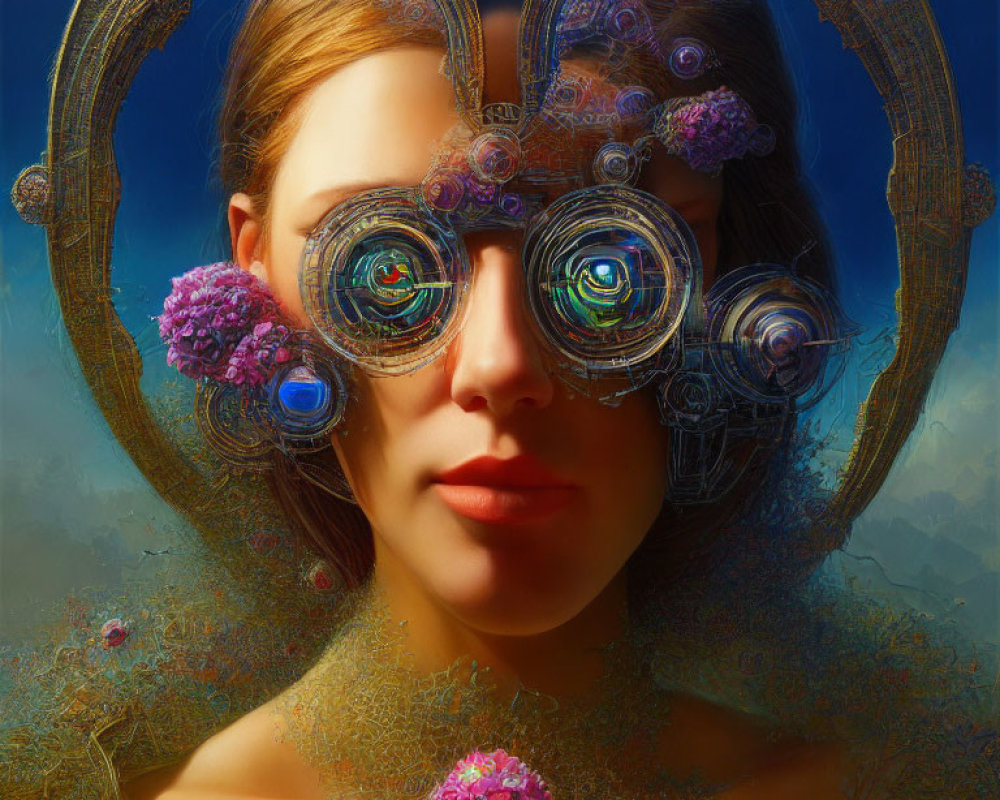 Surreal portrait of a woman with ornate circular glasses and vibrant flowers on soft blue background