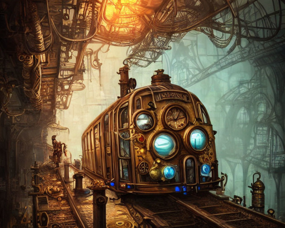Steampunk train with glowing blue lights on intricate track amid warm lighting