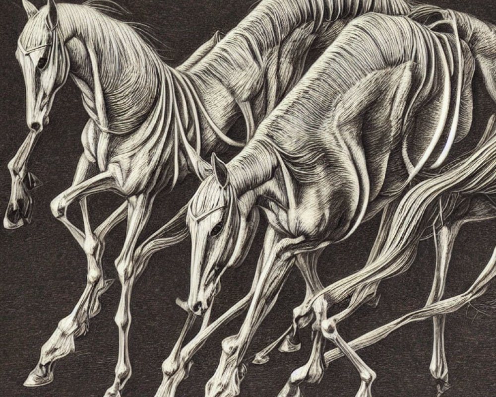 Detailed Illustration of Three Horses in Motion on Dark Background