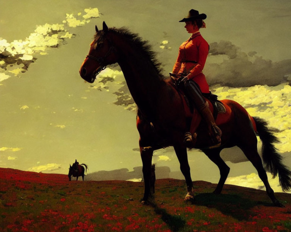 Cowboy in red shirt rides horse in flower field under dramatic sky