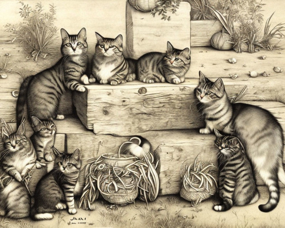 Seven cats in pencil drawing with unique patterns and expressions around wooden crates and garlic bulbs.