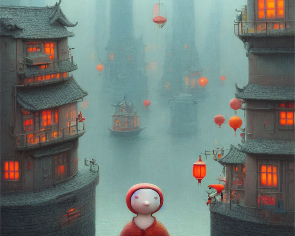 Person in Red Outfit Amidst Ancient Buildings and Red Lanterns in Foggy Atmosphere