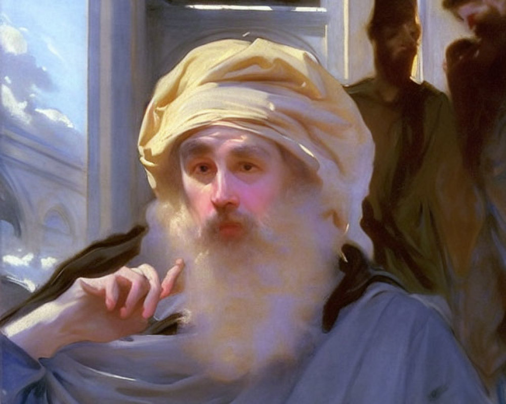 Historical painting of bearded man gesturing for silence in architectural setting
