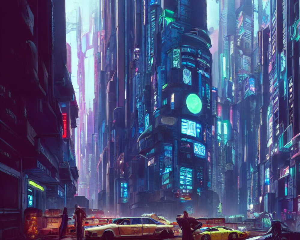 Futuristic neon-lit cityscape with skyscrapers and flying vehicles