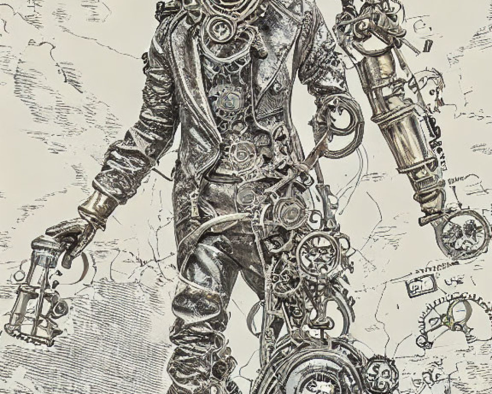 Steampunk humanoid figure with mechanical parts on vintage map background