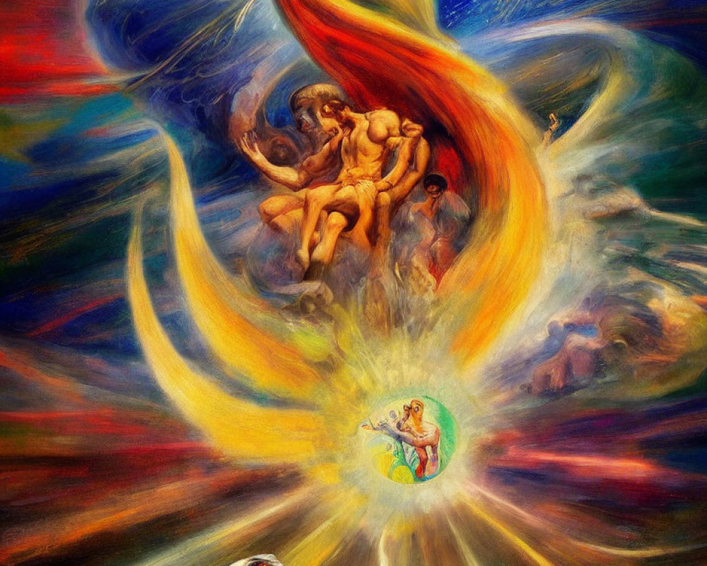 Colorful Mythological Painting with Celestial Elements and Dynamic Swirls