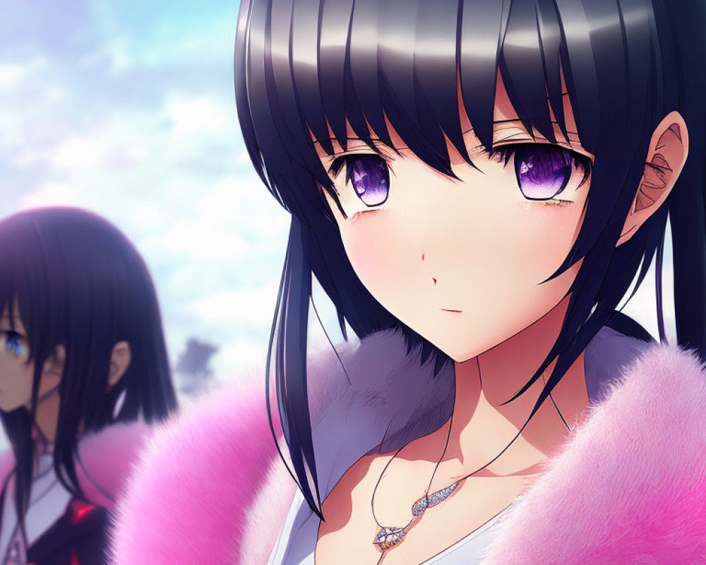 Anime girl with long black hair and purple eyes, featuring a pink fur collar and a subtle smile.