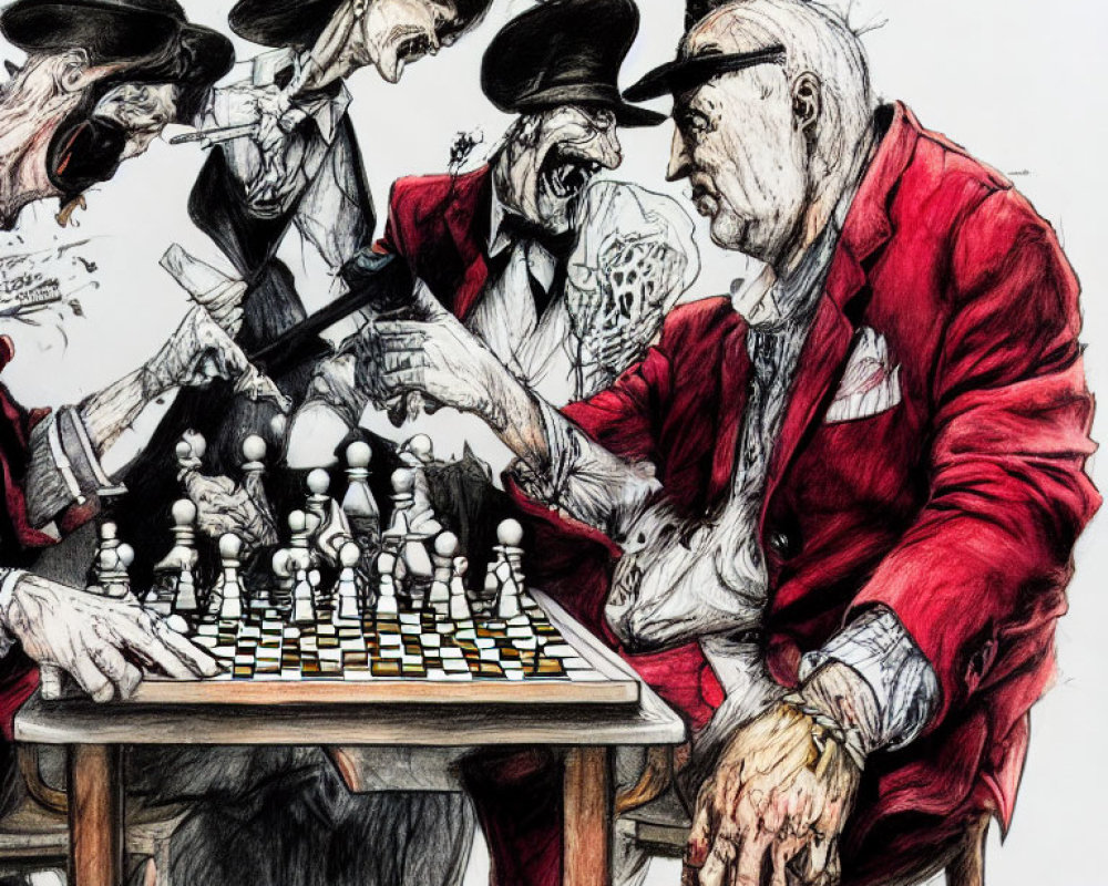 Elderly Men in Intense Chess Game with Stylized Onlookers