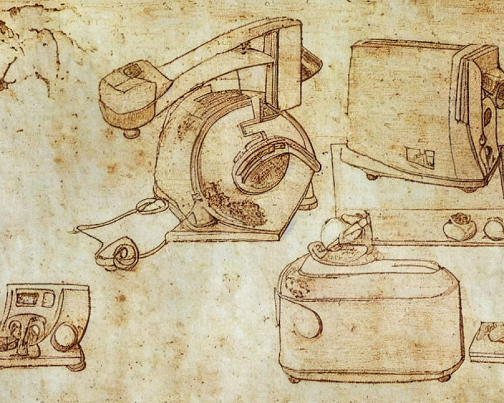 Sepia-Toned Sketch of Intricate Mechanical Devices and Annotations