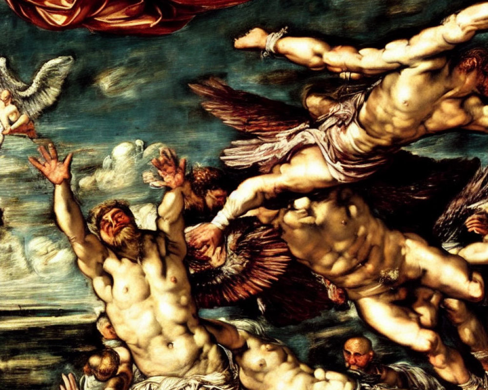 Baroque painting with muscular figures and angels in dramatic motion