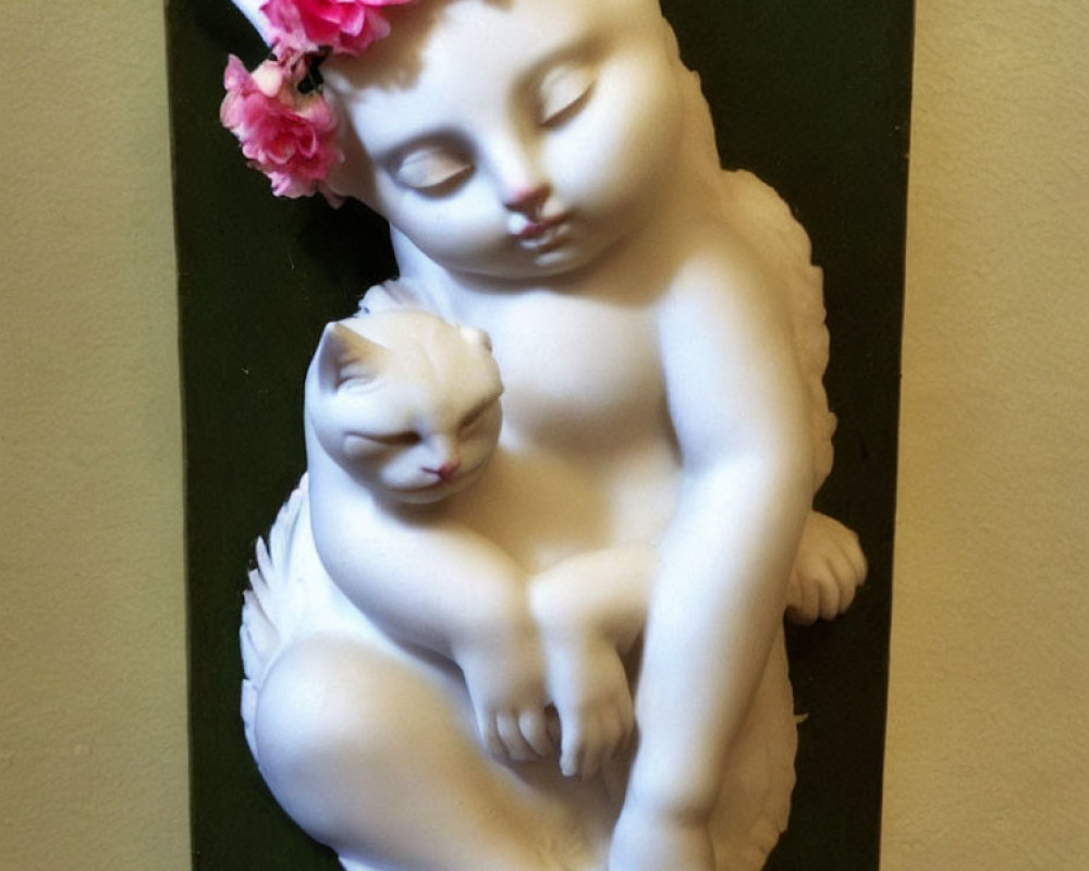 White Cat Statue with Pink Flower Crown Embracing Kitten