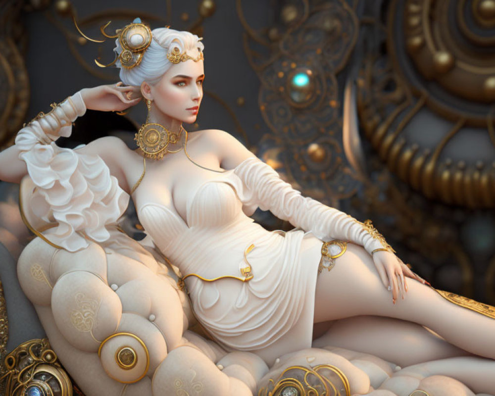 Elaborate steampunk-themed woman in white and gold costume on ornate chair surrounded by mechanical