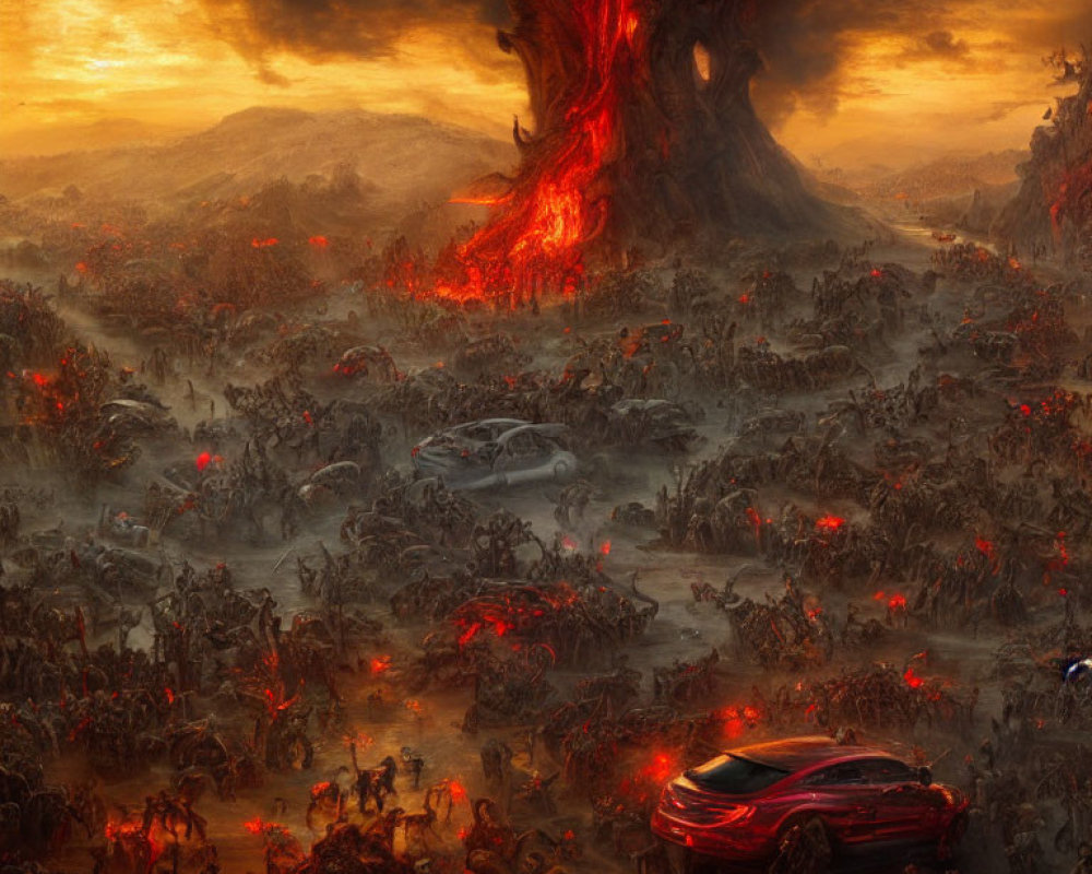 Dystopian battlefield with fiery tornado and futuristic vehicles