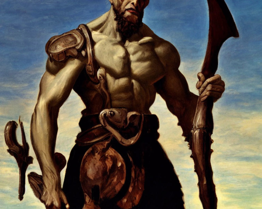 Muscular bearded man with battle axe and horned helmet under blue sky.