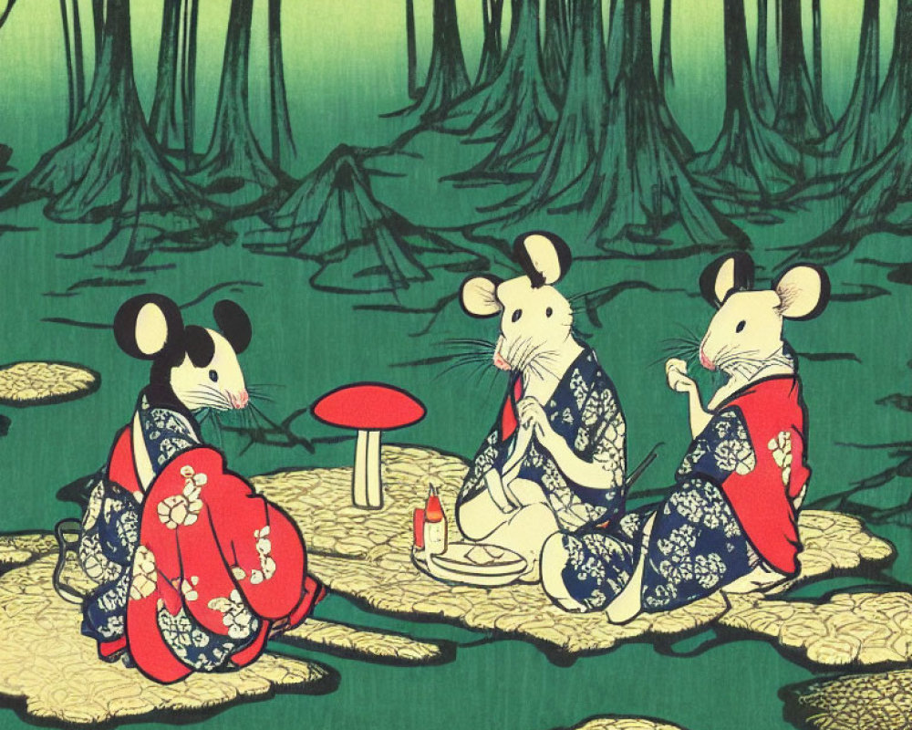 Anthropomorphic mice in Japanese attire by red mushroom in bamboo forest