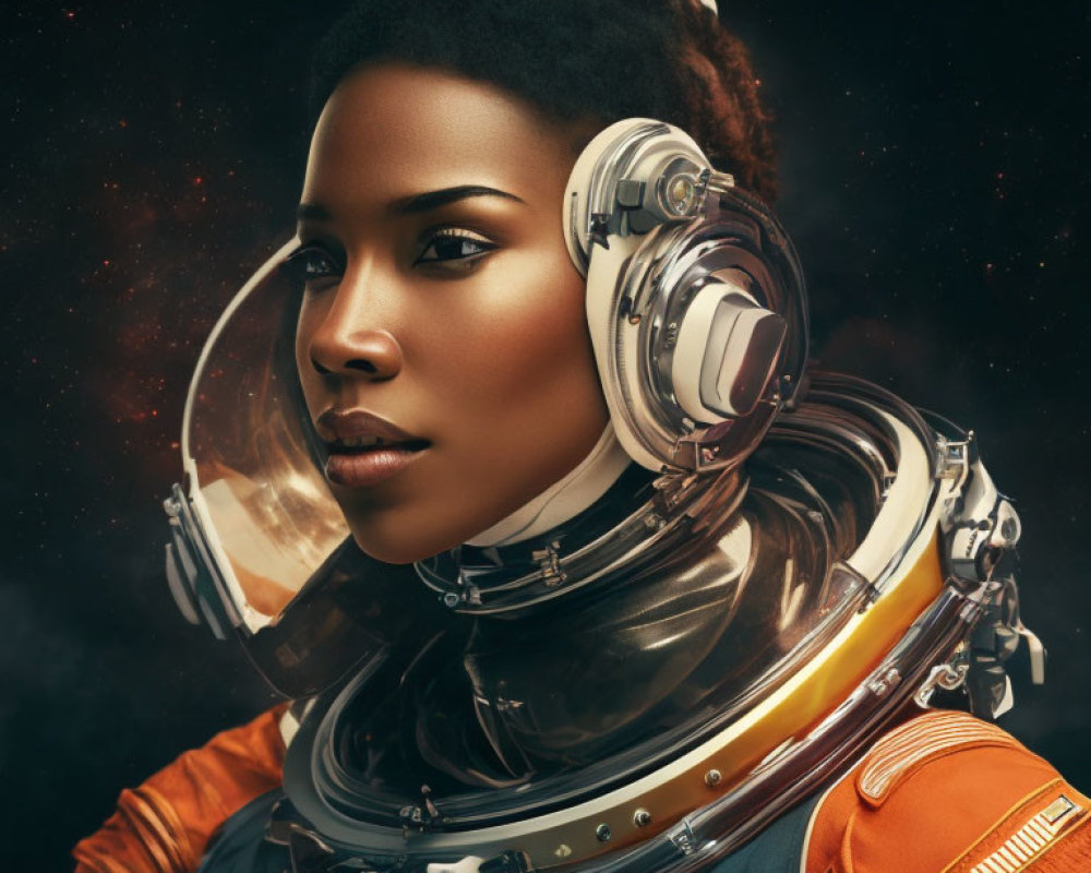 Woman in Astronaut Helmet with Futuristic Earpieces in Sci-Fi Portrait