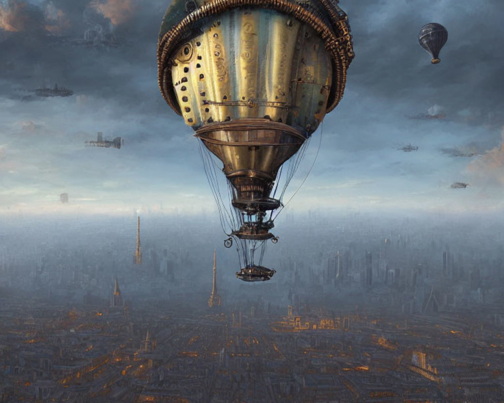 Steampunk-style hot air balloons over futuristic cityscape with mist and tall spires