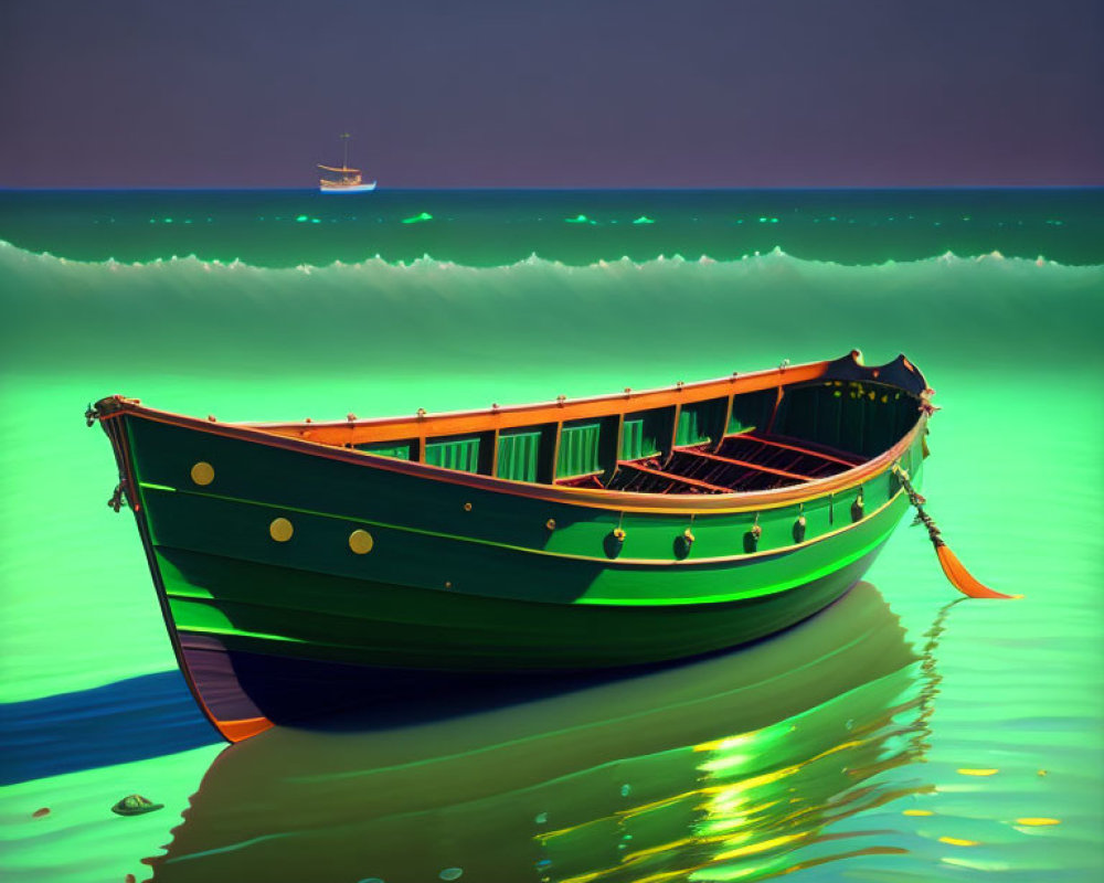 Colorful Wooden Boat Floating on Teal Waters with Sailboat in Distance