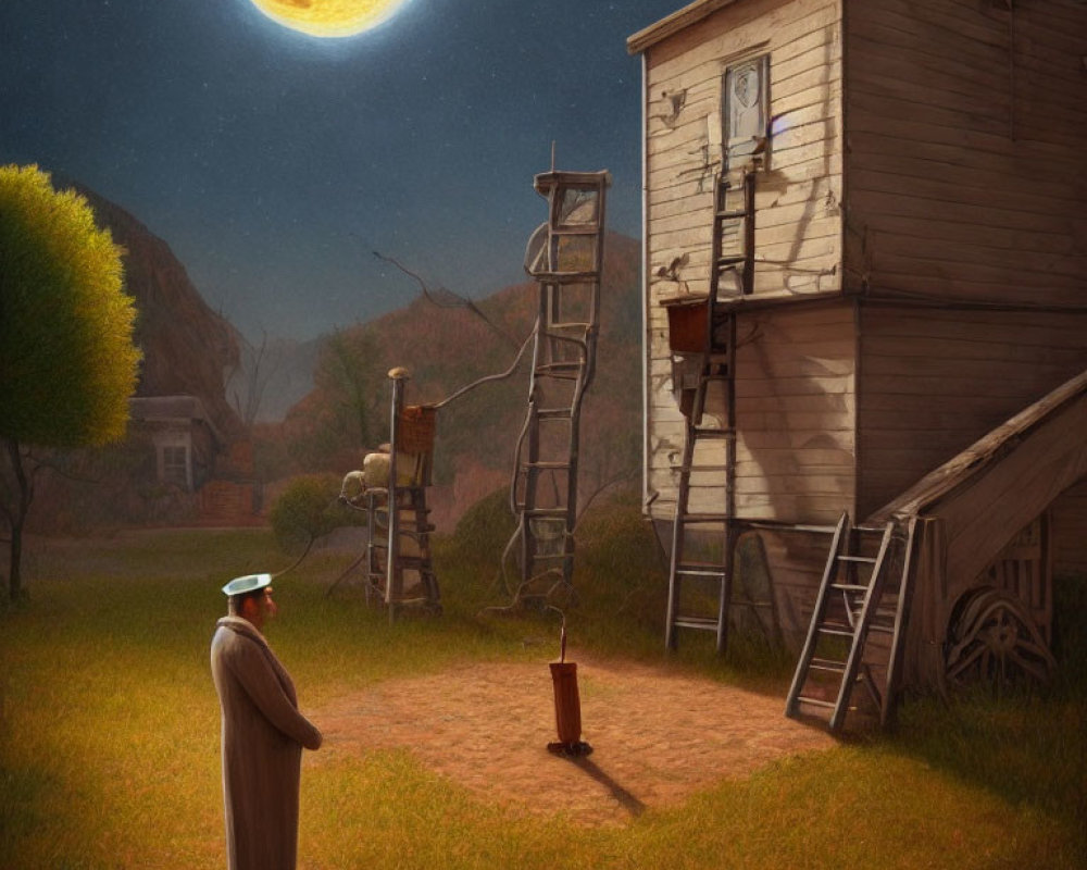 Man in hat gazes at large moon in surreal nocturnal landscape