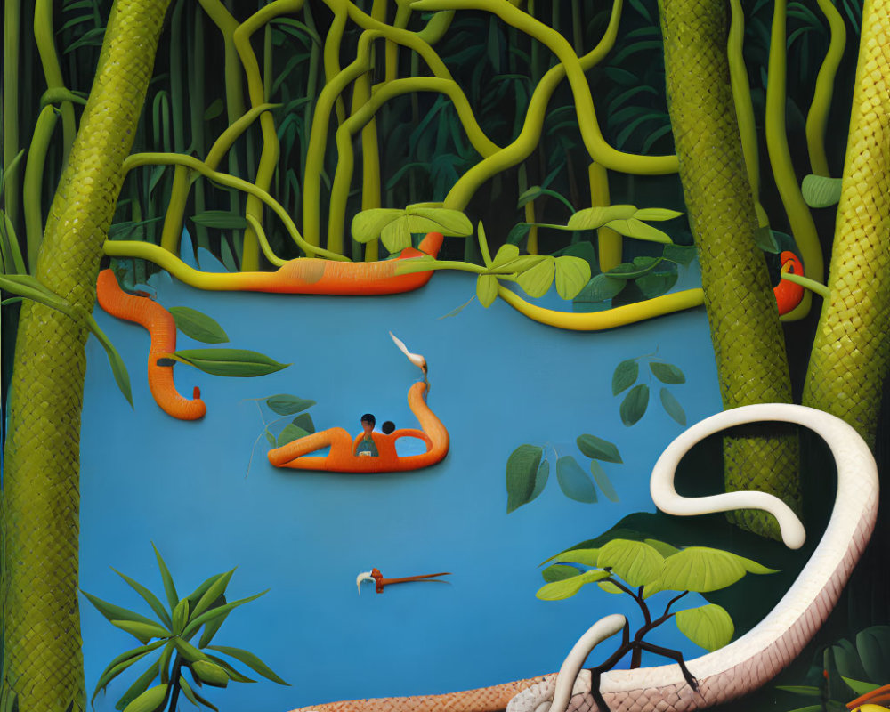 Colorful Snakes in Vibrant Jungle Scene with Green Foliage and Blue Background