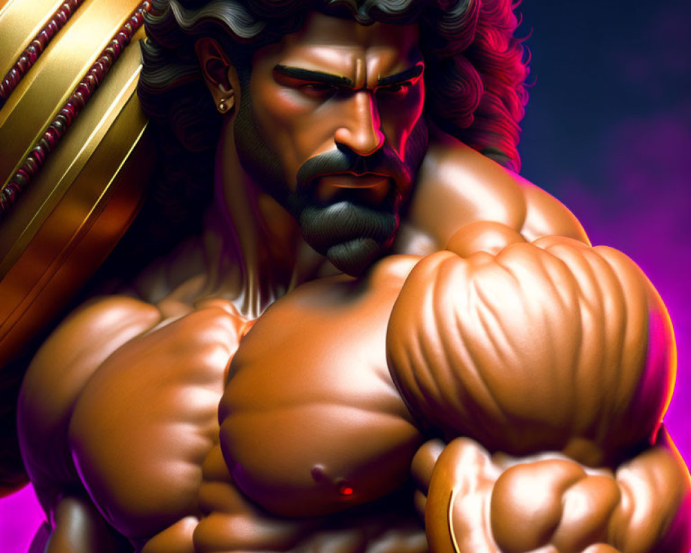 Muscular warrior with shield on purple background