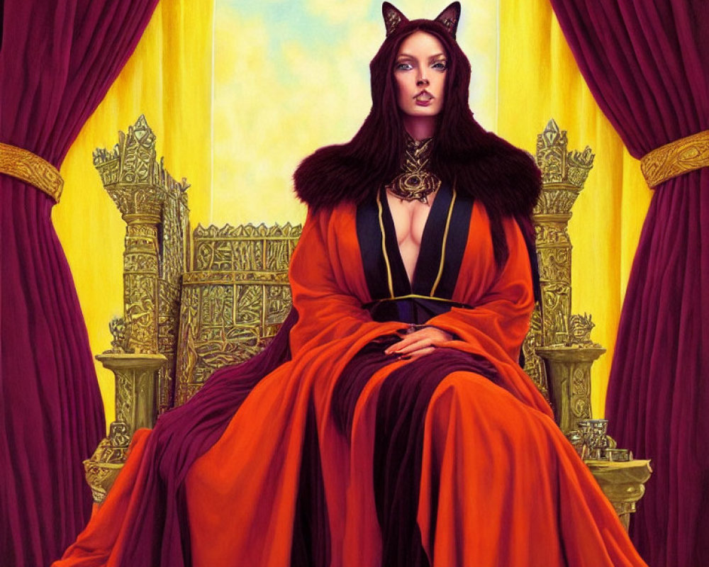 Regal woman with cat ears in orange robe on throne surrounded by golden-red drapes