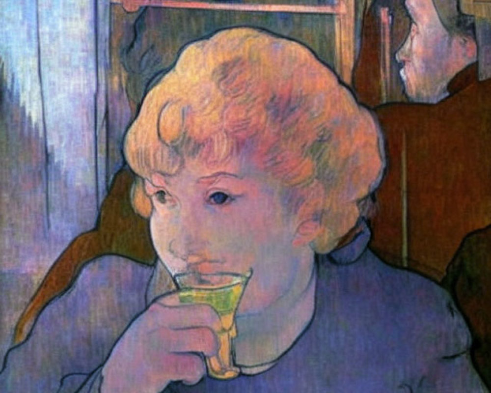 Blonde woman sips drink with post-impressionist background