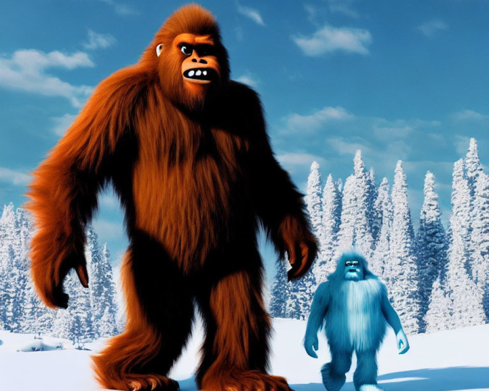 Two animated yetis in snowy forest: large brown fur, small blue fur.