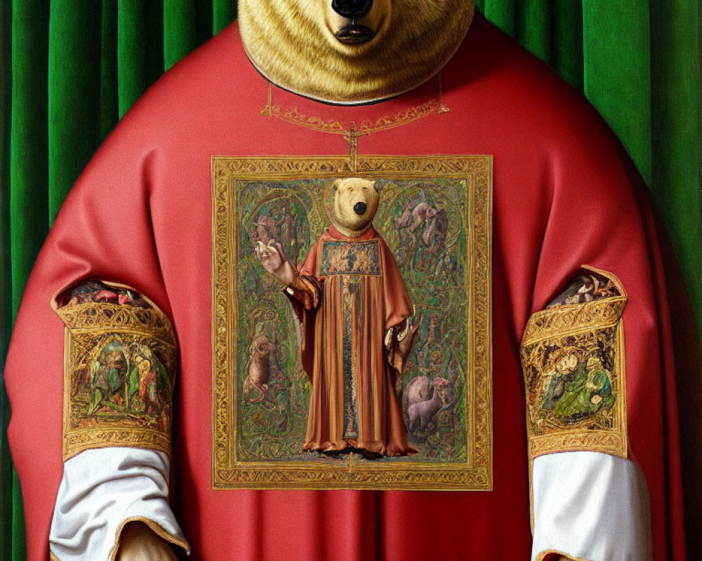 Surreal image: Bear with human body in ornate ecclesiastical robes