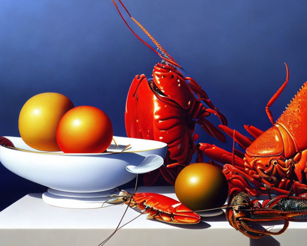 Hyper-realistic Painting of Red Lobster, Golden Eggs, and White Bowl