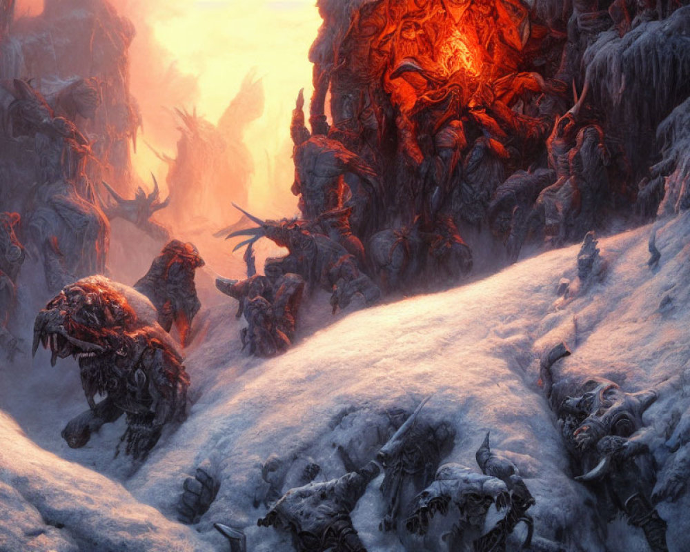 Fantastical scene: Fiery mountain backdrop, armored creatures, snow-covered landscape