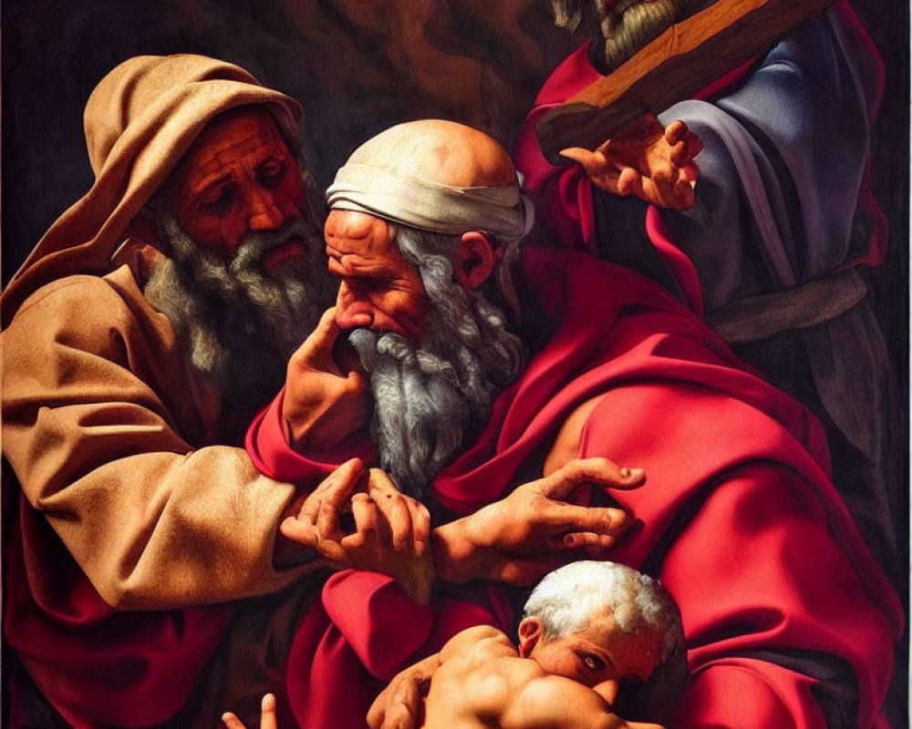 Colorful religious painting with three bearded figures and distressed infant under dramatic lighting