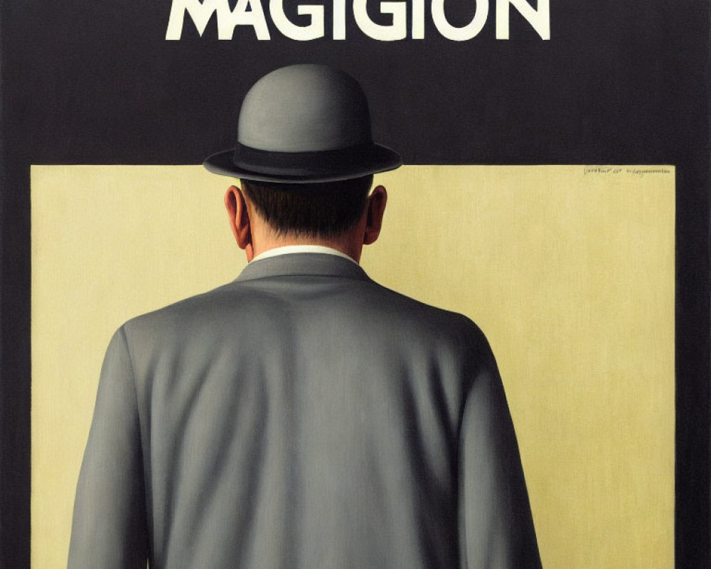 Man in suit and bowler hat with "MAGIGION" on beige wall