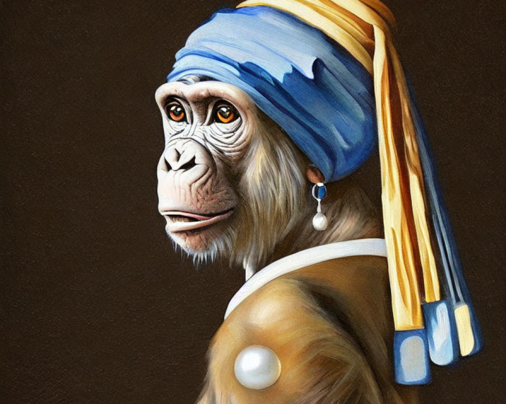Chimpanzee wearing blue and white turban and earring