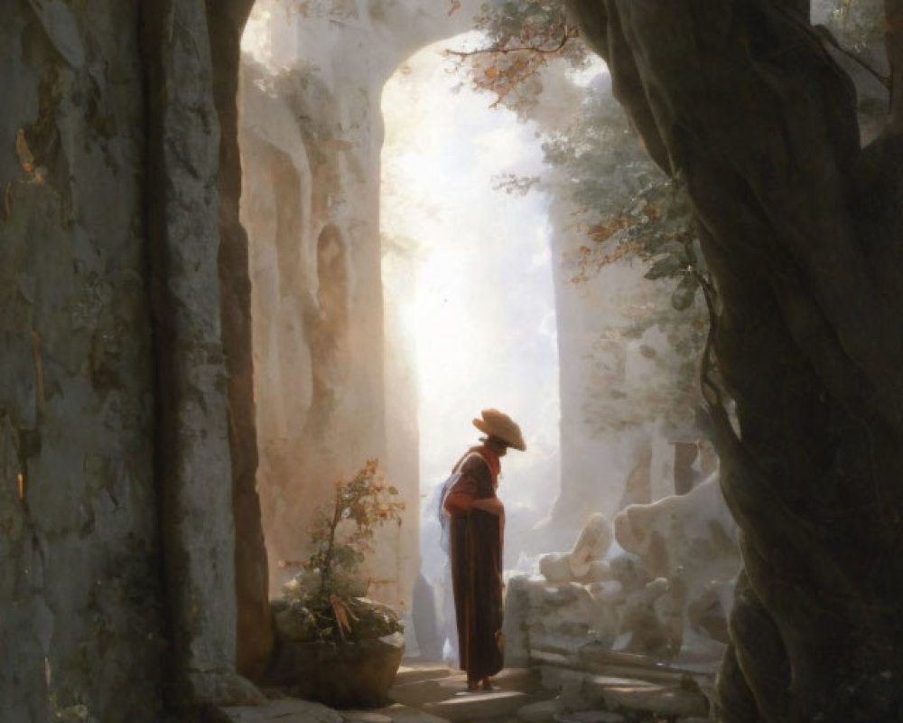 Person in historical clothing at sunlit archway entrance to tranquil forest surrounded by ancient walls.