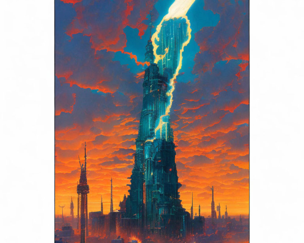 Futuristic cityscape at sunset with towering skyscraper struck by beam amid red and orange clouds
